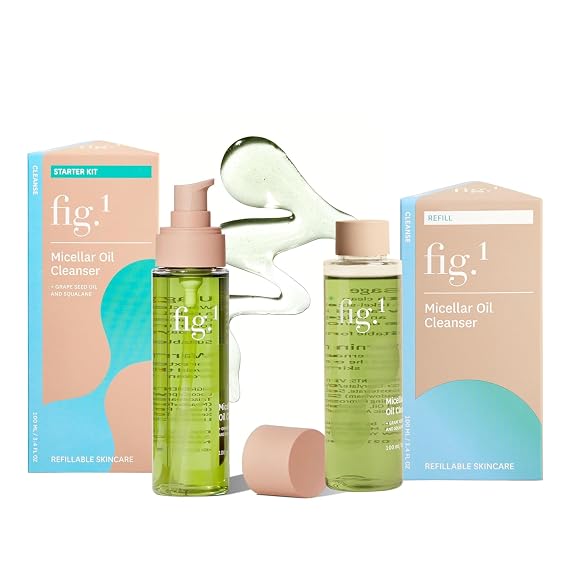 Fig.1 Micellar Oil Cleanser Starter Kit + Refill | Makeup Remover & Facial Cleansing Oil with Squalane & Grapeseed Oil | Deep Clean Without Clogging Pores | Dermatologist-Tested Refillable System, 3.4