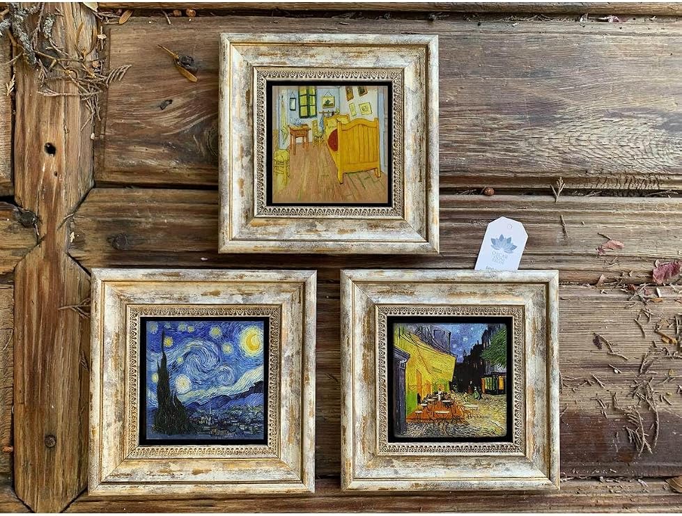 Oscar Stone Decor Çerçeveli Taş Duvar Dekoru Tablo 3'Lü Set 20X20Cm Vincent Van Gogh Yıldızlı Gece 3Cdd-40-414