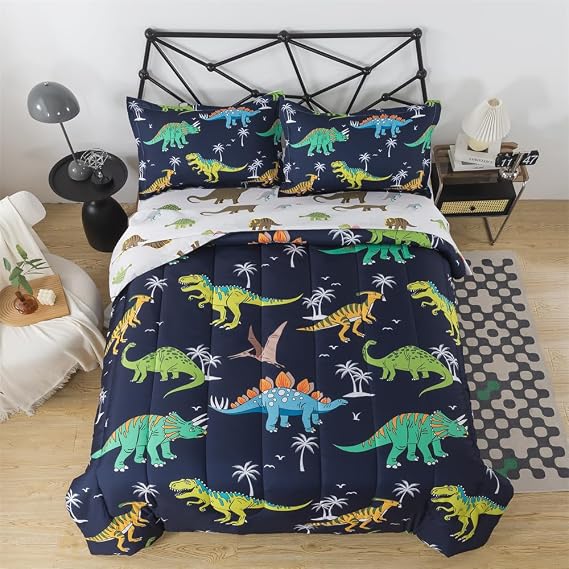 lishjekee 5Pieces Dinosaur Twin Comforter Boys Dino Bedding Set for Kids | Tropic Dinosaur Comforter Set 5pcs Dino Animal Bedding Twin Microfiber Bed in A Bag T-Rex Bed Sets Kids Bedroom Decor