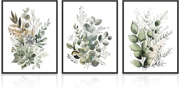 Dazzlewall 3pcs Boho Wall Art Decor, Green Leaves Botanical Poster Print for Bathroom Living Room, Eucalyptus Leaves Bedroom Wall Decor, 12x16 in Unframed