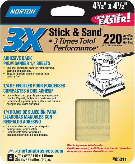 Norton 05310 3X Stick and Sandpaper 220 Grit, 4-1/2-Inch x 4-1/2-Inch, 4-Pack