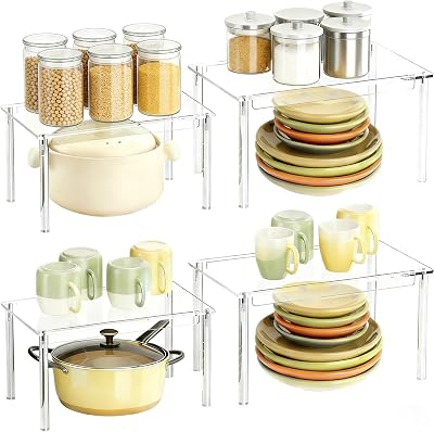 Clear Kitchen Cabinet Organizer, Set of 4 Acrylic Shelves Organizer for Pantry Organizers and Storage, Tiered Spice Organization for Cabinet, Stackable Cabinet Organizer Shelf for Desk Countertop