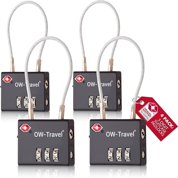 OW-Travel Suitcase Locks, TSA Approved Luggage Padlocks, Black, 4 Pack