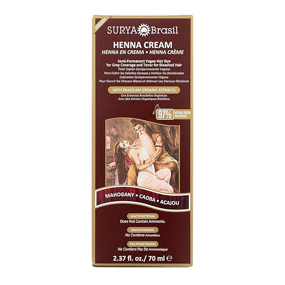 Surya Brasil Henna Cream Mahogany - 97% Natural Ingredients, Vegan, Cruelty-Free, Eco-Friendly, Semi-Permanent Hair Color, Deep Hydration & Shine, 2.37 oz