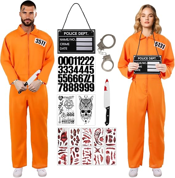 Pigmiss Men's Orange Prisoner Jumpsuit Set Halloween Costume Inmate Uniform Accessories Adult Women Jail Outfit 7pcs