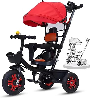 Red, Toddler Tricycle Steer Stroller,Learning Toddler Bike Trike with Height Push Handle, Canopy, Cup Holder, Safety Belt, Storage Footrest Ride on Toy Stroll Trike