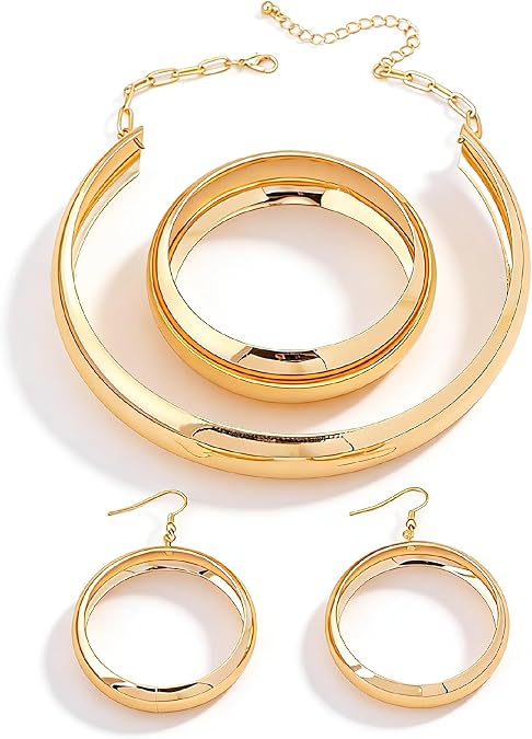 Gold Rhinestone Jewelry Set for Women Chunky Gold Rhinestone Necklace Bracelet Earrings Ring Bridal Wedding Jewelry Set