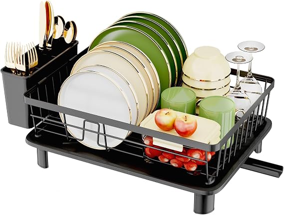 GHERISN Dish Drainer Rack with Drip Tray, Large Dish Drying Rack for Kitchen Counter, Draining Board Rack with Cutlery Holder, Space Saving Sink Drainer Rack for Plates, Bowls and Cups, Black