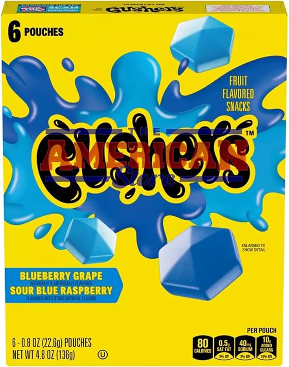 Gushèrs Fruit Snacks Blueberry Grape & Sour Blue Raspberry Pouches I 6's 4.8oz (136g) I US Import