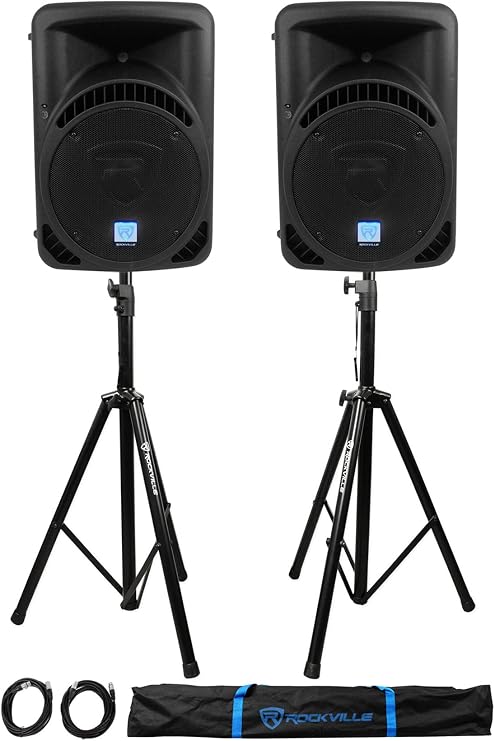 Rockville RPG12BT 12" Powered DJ PA Speakers 2-Pack with Stands, Cables