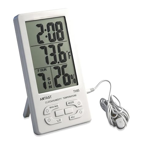 Indoor Outdoor Thermometer Hygrometer Room Humidity Test Meter with Desk-top Placing or Wall Hanging Two Ways of Placement Digital Temperature Monitor Gauge with External Sensor (Model TH95)