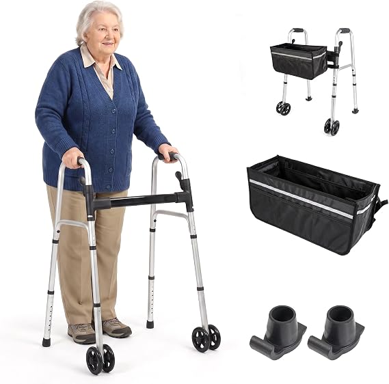 Zimmer Frame with Wheels, Aluminium Adjustable Height Folding Walking Frame for Elderly, Include Storage Bag, Ski Glides