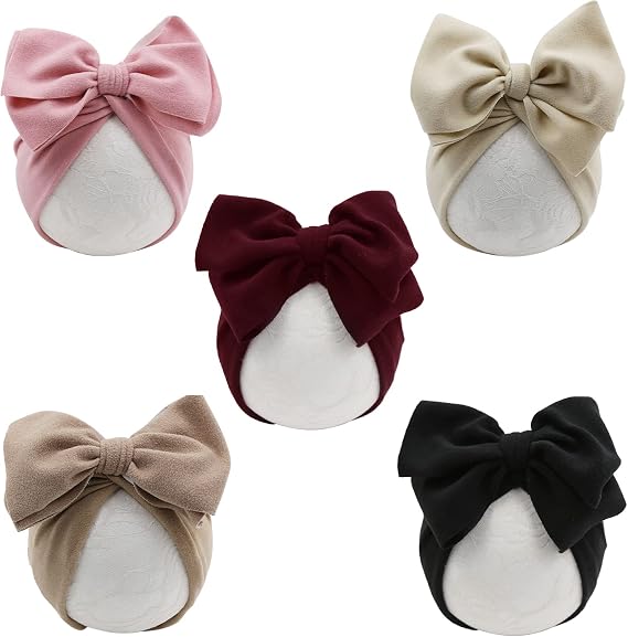 DRESHOW BQUBO Baby Turban Hat with Bow Baby Girl Hospital Hat Big Hair Bow Beanie Cap Infant Toddler Kid Headwrap 6-36 Months