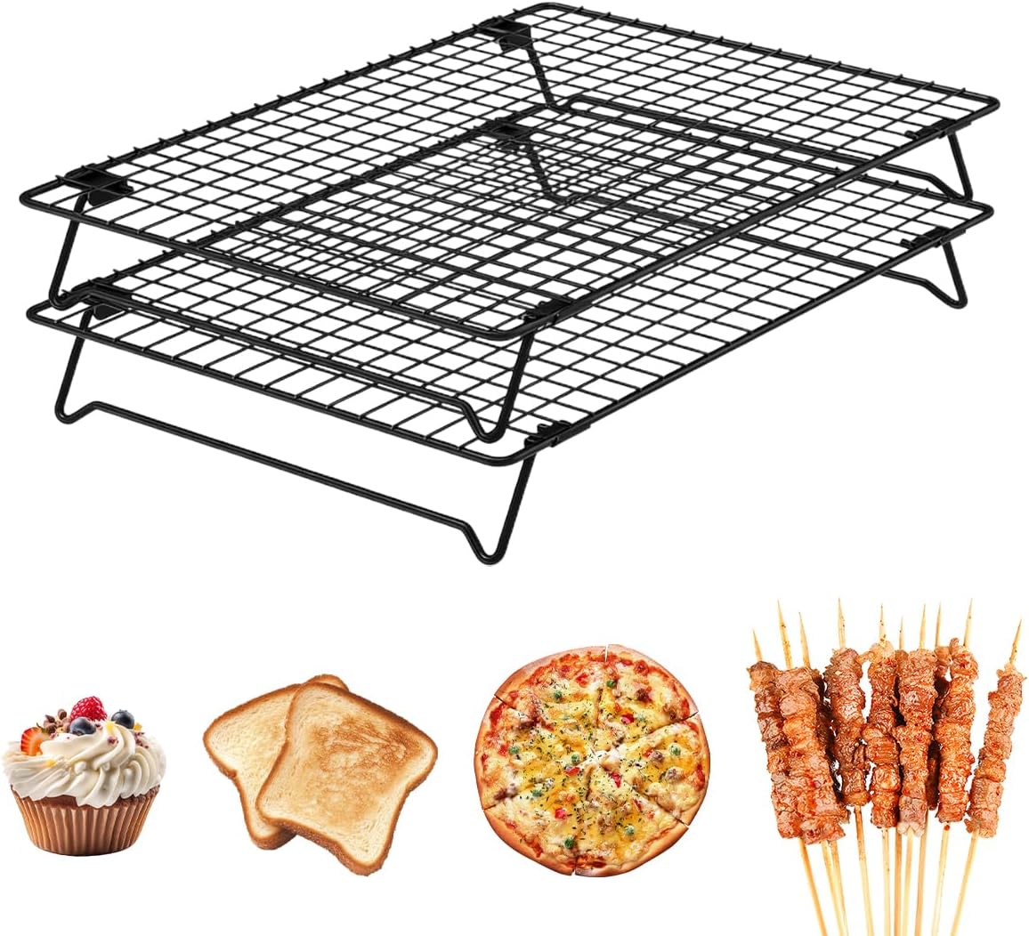 2 Stück Abkühlgitter Stapelbar 34 X 24 X 6 cm Stapelbares Kuchengitter Rechteckig Stapelbar Antihaft-Abkühlgitter Klappbares Kuchengitter zum Braten Backen Grillen und Abkühlen (Schwarz)