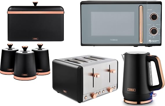 Tower Cavaletto Black & Rose Gold 7 Piece Kitchen Appliance & Storage Set - 1.7L Jug Kettle, 4 Slice Toaster, 800W 20L Microwave, Breadbin & 3 Canisters. Contmeporary Matching Kitchen Set