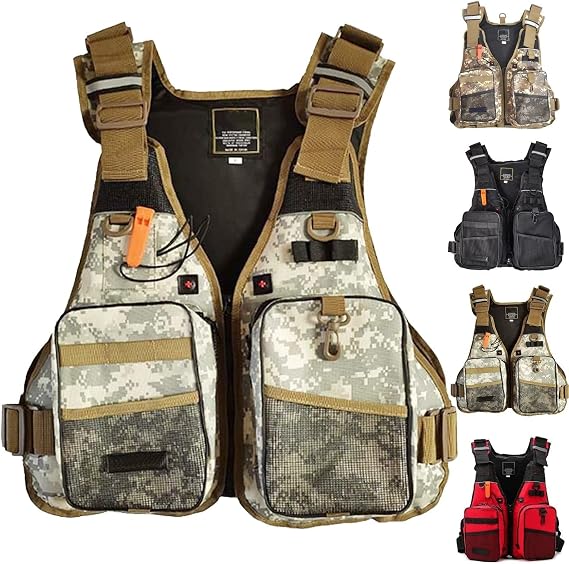 Fly Fishing Vest with Double Span Belt, Whistle Design Suitable for Boating Kayaking Surfing Swimming(GrayCamouflage)
