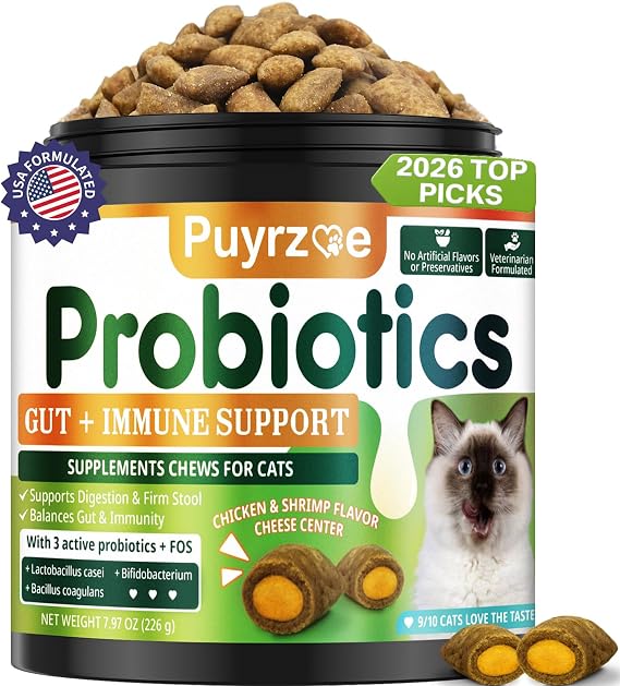 Puyrzoe Cat Probiotics, Probiotic Chews for Cats with FOS, 500 Chews