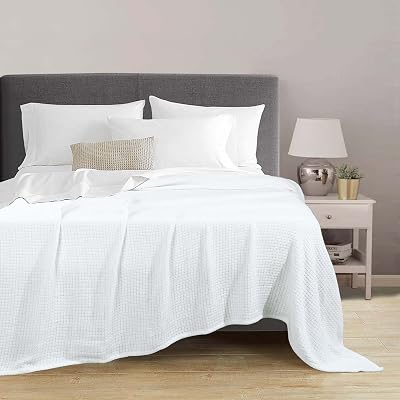 Premium 100% organic Cotton 440 GSM blanket for all seasons. Ringspun cotton breathable thermal blanket, houndstooth weave perfect for bed blanket, couch, sofa, bed White, Twin 66 x 90 Inch