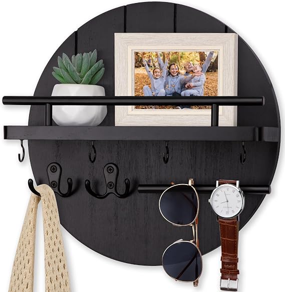 Nekon Key Holder Wall Mount, 11.8 Wood Mail Organizer for Wall, Black