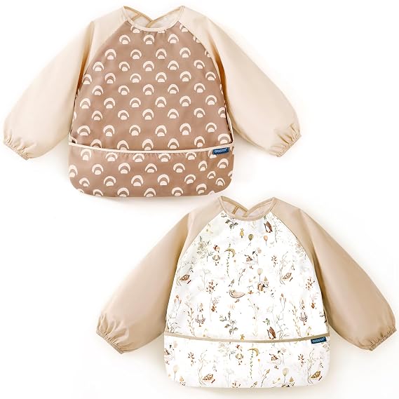 GRSSDER 2 Pack Long Sleeve Baby Feeding Bibs, Super Soft Lightweight Waterproof Coverall Baby Led Weaning Bib with Large Food Catcher Pocket, Adjustable and Easy Clean for 6-30 Months