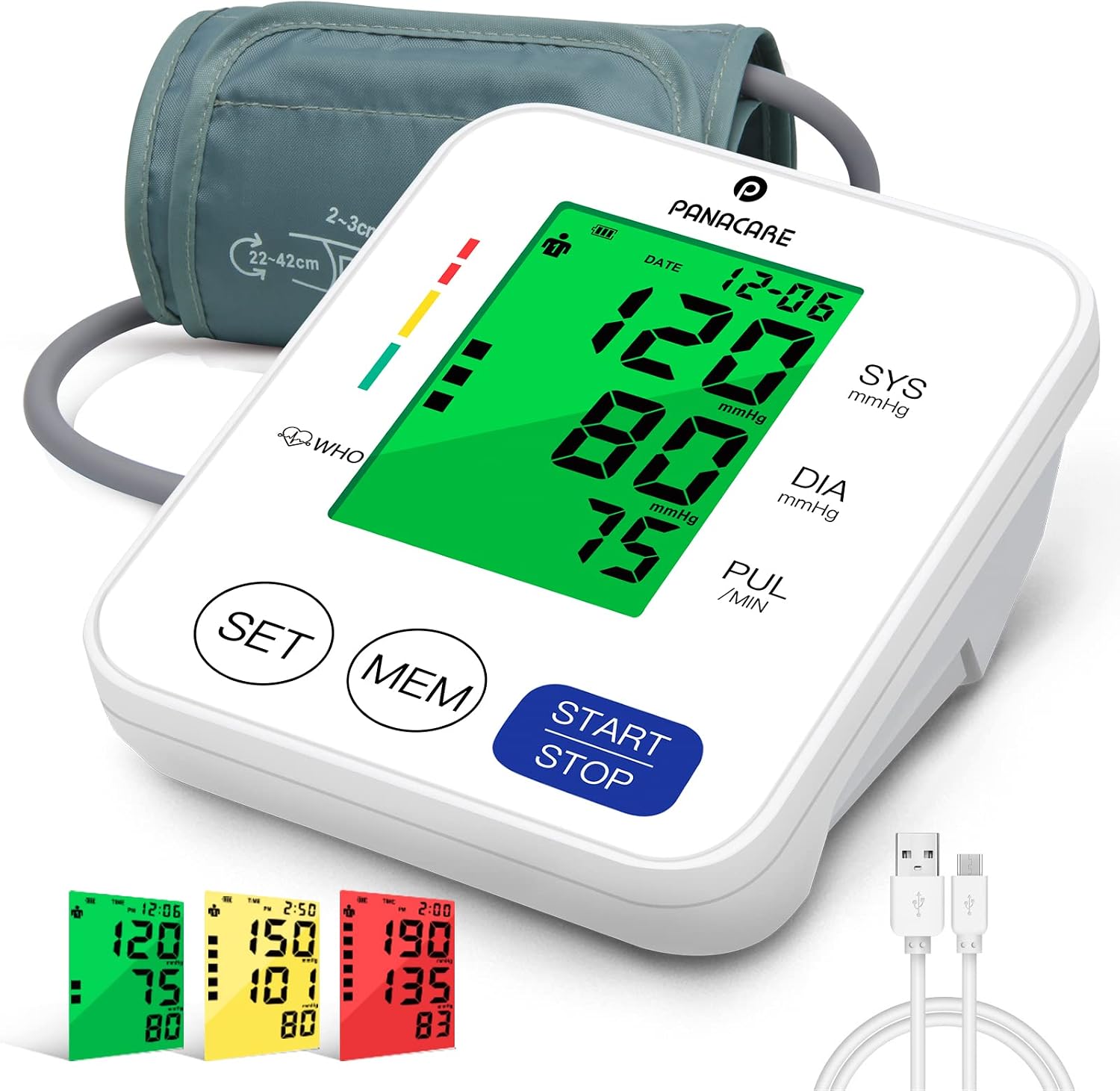 Blood Pressure Monitor PANACARE Automatic Upper Arm Machine Accurate Adjustable Digital BP Cuff Kit 3.4'' Tri-Color Backlit Display Audio Reading Heart Rate Indicator 8.7-16.5'' Blood Pressure Cuff
