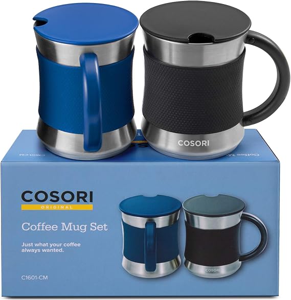 Cosori Coffee Mug with Lids Set of 2, Stainless Steel Cups, 17 oz | Best Match w/Mug Warmer, with Heat-resistant Handle & Slip-resistant Sleeve, for Coffee,Tea,Water,Cocoa, Milk, Black & Blue