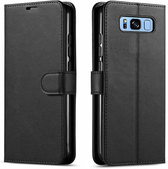 STARSHOP Compatible with Samsung Galaxy S8 Case Phone Cover, with [Tempered Glass Screen Protector Included] PU Leather Wallet Shockproof Kickstand Card Slots Magnet Closure -Dark