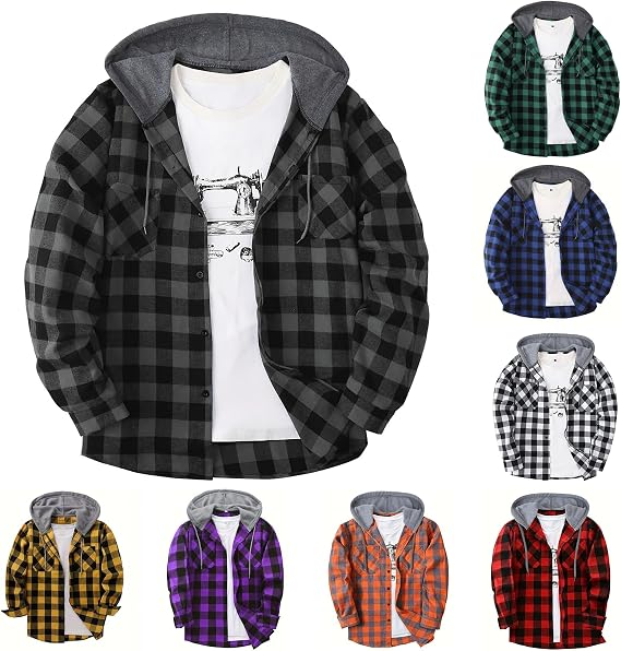 Mens Plaid Shirt Thermal Casual Long Sleeve Button Down Hooded Flannel Shirts Fleece Jacket Shacket with Pockets