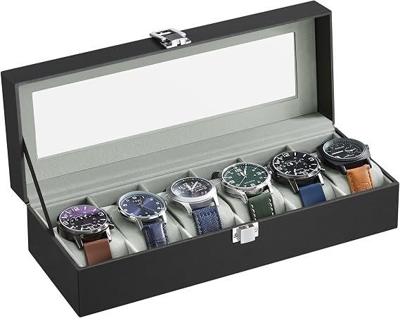 SONGMICS Watch Box with 6 Compartments Glass Lid Removable Watch Cushions