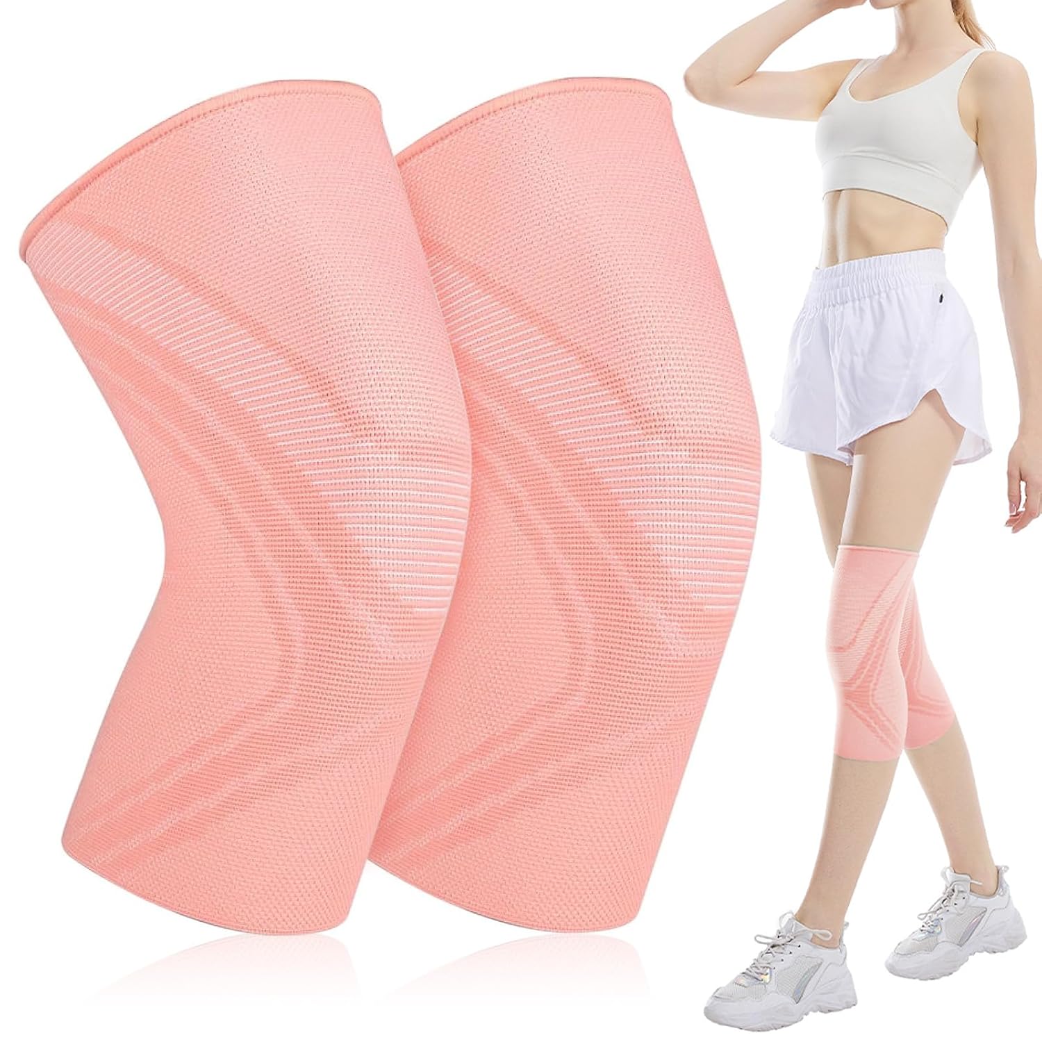 Compression Knee Brace for Women, 2 Pack Anti-Slip Knee Support Brace for Sports Injury, Arthritis, Joint Pain Relief, Breathable Fabric & Lightweight Knee Sleeve for Gym Fitness Running Pink, M