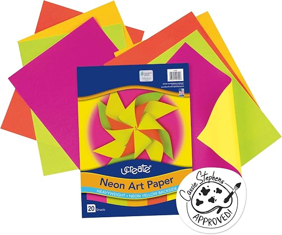 UCreate Neon Art Paper, 5 Assorted Colors, 9" x 12", 20 Sheets