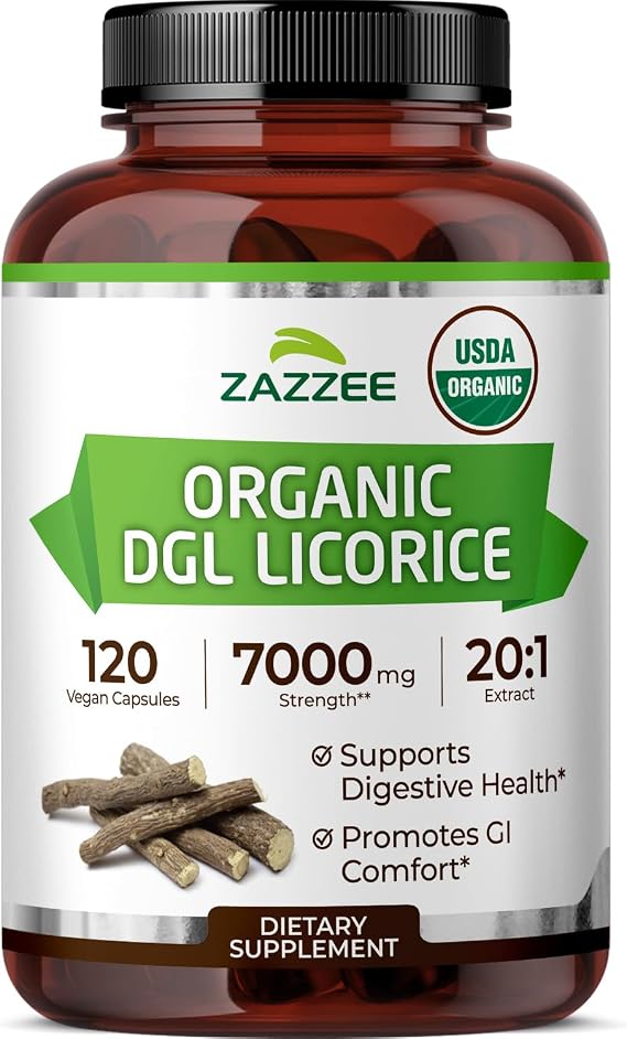 Zazzee USDA Organic DGL Licorice 20:1 Extract, 120 Vegan Capsules | 4 Month Supply, Deglycyrrhizinated Licorice Root, Glycyrrhiza Glabra, Digestive & Stomach Support, All-Natural, Made in USA