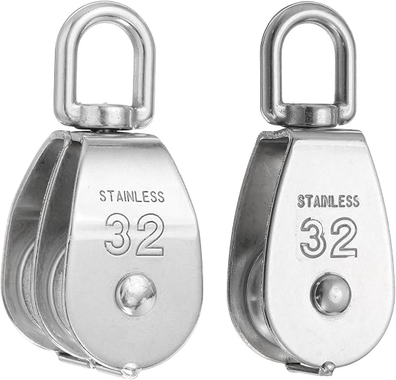 PATIKIL M30 Pulley Block, 2 Pack Single Pulley & Double Pulley 304 Stainless Steel Heavy Wire Rope Hanging Wire Crane Rope Lifting Swivel Hook, Loading 250KG/551LBS