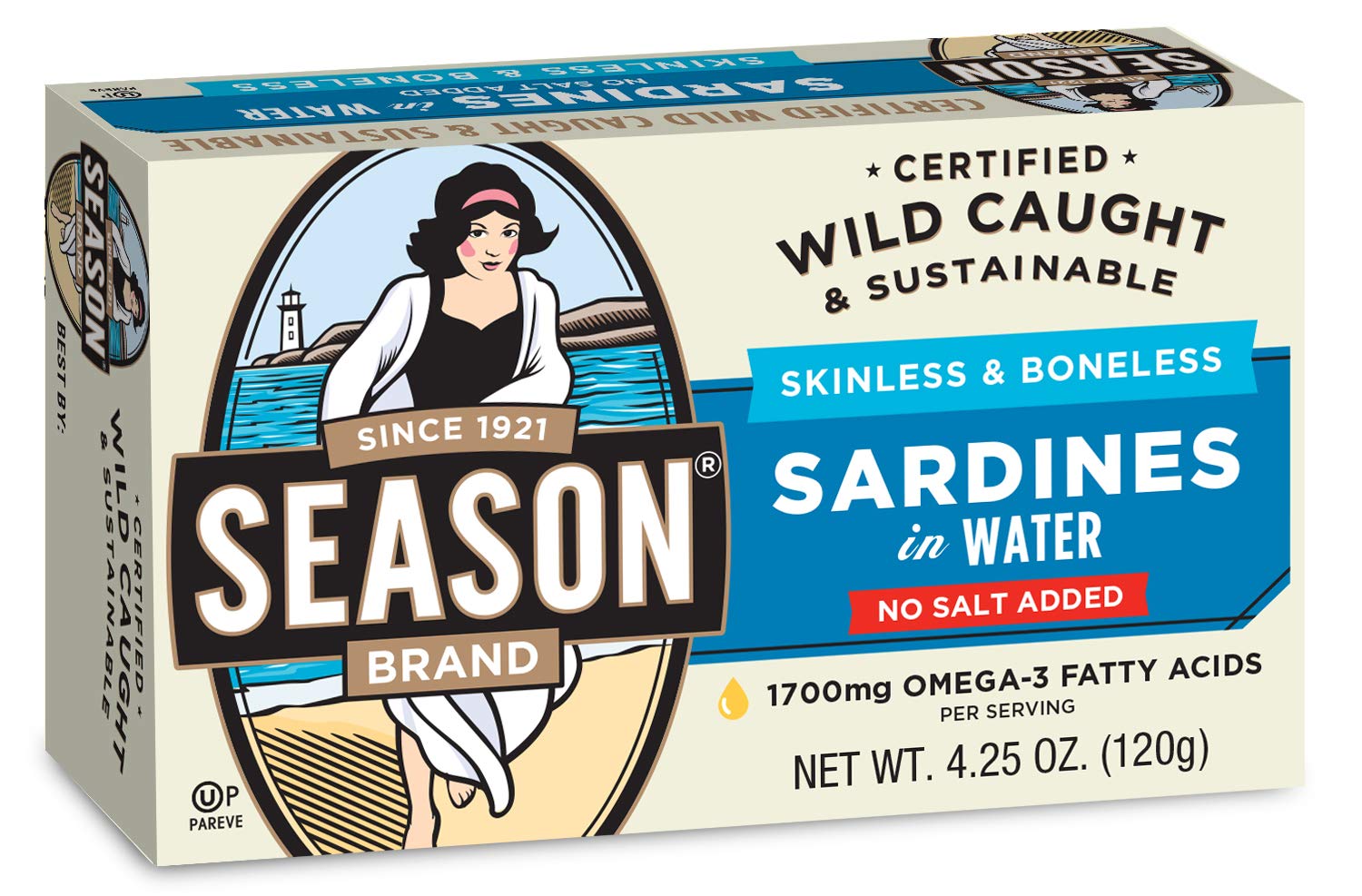 Season Skinless and Boneless Sardines in Water, No Salt Added, 4.25 Ounce Pack of 12