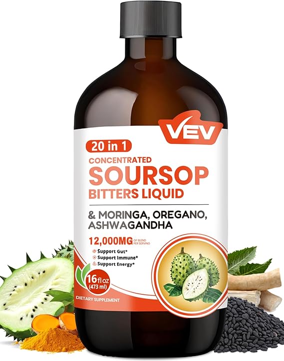 VEV Soursop Bitters Liquid, 20 in 1 Herbal Blend 16 fl oz | Graviola Extract with Black Seed, Moringa & Oregano