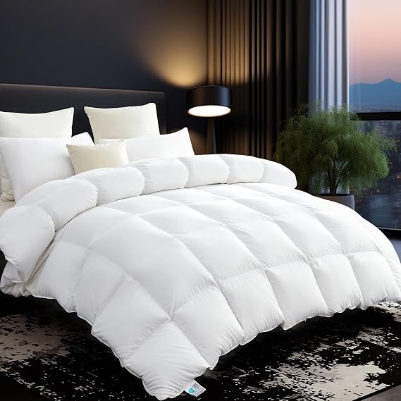 L LOVSOUL Organic 75% Goose Down Fiber Comforter Oversize King, White | All Season, 850+FP,1200TC,Extra Fluffy,Hotel-Luxury Ultra Soft Duvet Insert with 8 Corner Tabs,120X98IN