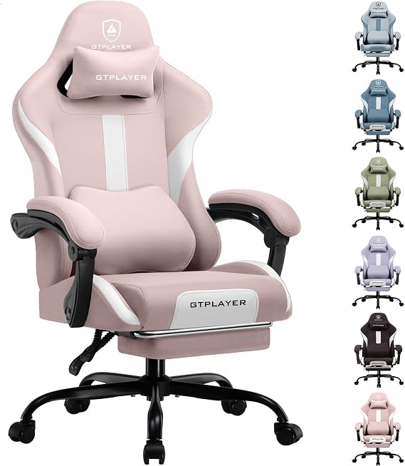 GTPLAYER Fabric Gaming Chair, Ergonomic Computer Chair with Footrest Lumbar Support Heavy Duty High Back Adjustable Height Svivel Office Desk Chairs (Pink)