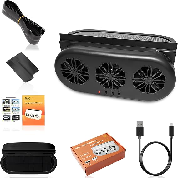 Solar Powered Car Exhaust Fan, 3 Air Outlets, Auto Ventilation System, Air Circulation Cooling, Eliminating Odors, Suitable for General Types of Car, Black