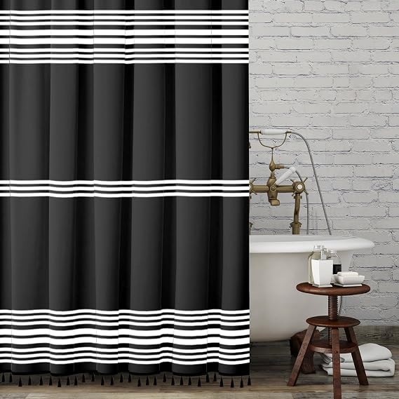 Seasonwood Black Shower Curtain White Striped Modern Fabric Shower Curtain with Black Tassels Boho Farmhouse Shower Curtains for Bathroom Decor Waterproof 72x72