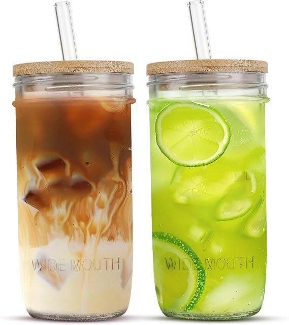 24 oz Glass Cups Set - 2 Pack Glasses Drinking Set with Leakproof Bamboo Lids & Glass Straws, Clear Kitchen Glasses Tumblers for Iced Coffee, Juice and Smoothie