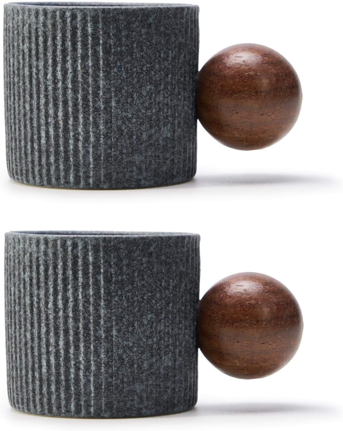 Espresso Cups 70ml, Small Ceramic Coffee Cups, Mini Mugs with Round Wooden Handle, Vertical Stripes Tea Cups Grey, 2pcs
