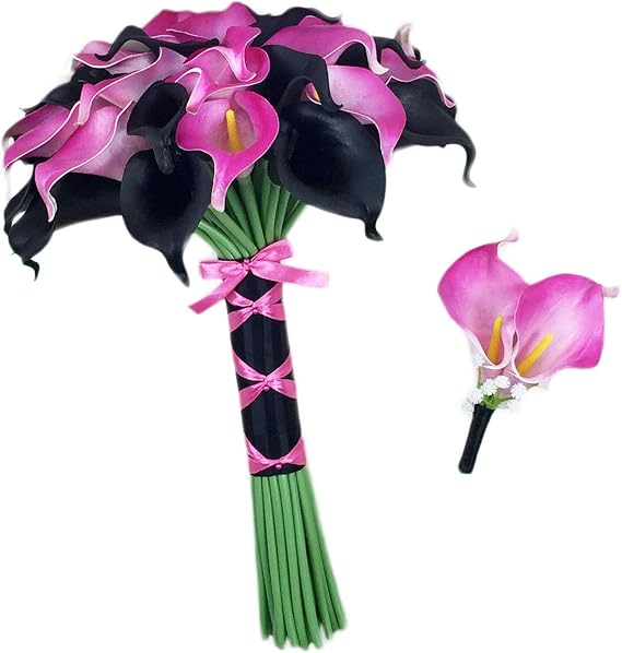 Luxury Calla Lily Bridal Wedding Bouquet 3 Dozen with Groom Boutonniere (Black and Hot Pink)