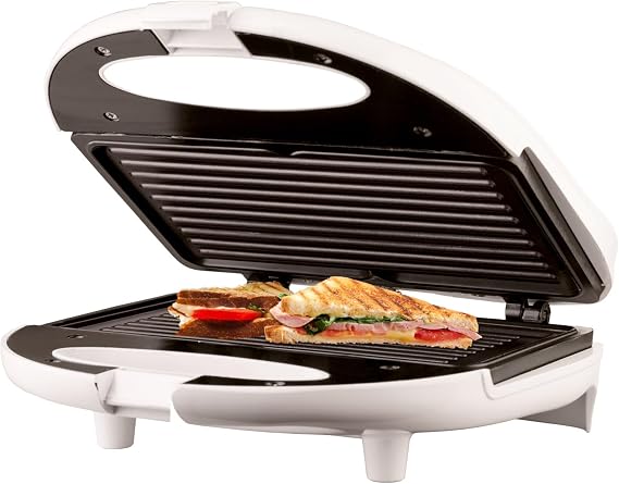Non-Stick Panini Press and Sandwich Maker 750W Compact Grill with Cool Touch Handles, Upright Storage & Indicator Lights White Stainless Steel Finish