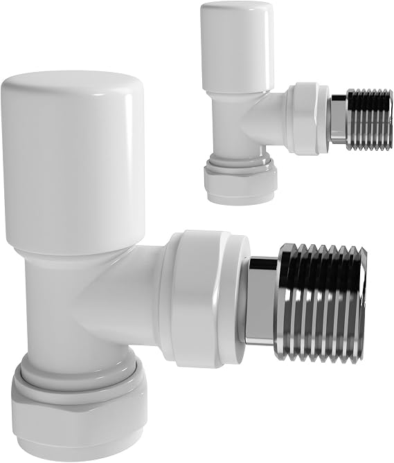iBathUK Essence Wall & Floor Mounted Angled Round Radiator Valve Pair, Durable Brass Build Universal Fit Modern Bathroom Radiator Valves in Matt White, 15mm