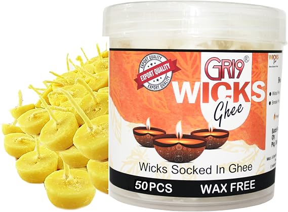 Handmade Diya Batti Pure Wicks Cotton Readymade Ghee Cotton Wicks Diya Batti Puja Batti for Pooja, Home Decoration in Festivals, Diwali Oil Lamp Wick (50 Pcs Cow Ghee Wicks)