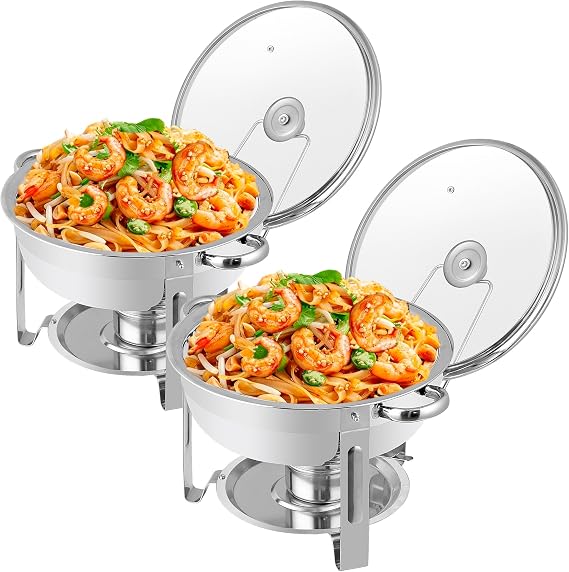 SUPER DEAL 2 Pack Round Chafing Dishes for Buffet Set with Glass Lid, Food and Water Pan, Solid Stand and Fuel Holder, 5QT Chafers and Buffet Warmers Sets for Parties, Events, Wedding