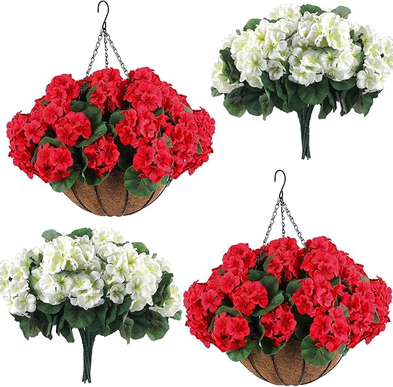 Hananona 2 Set Artificial Outdoor Geraniums Flowers with Hanging Basket, 2 Hanging Planters with 24 Pcs Red White Geranium Flowers for Spring Summer