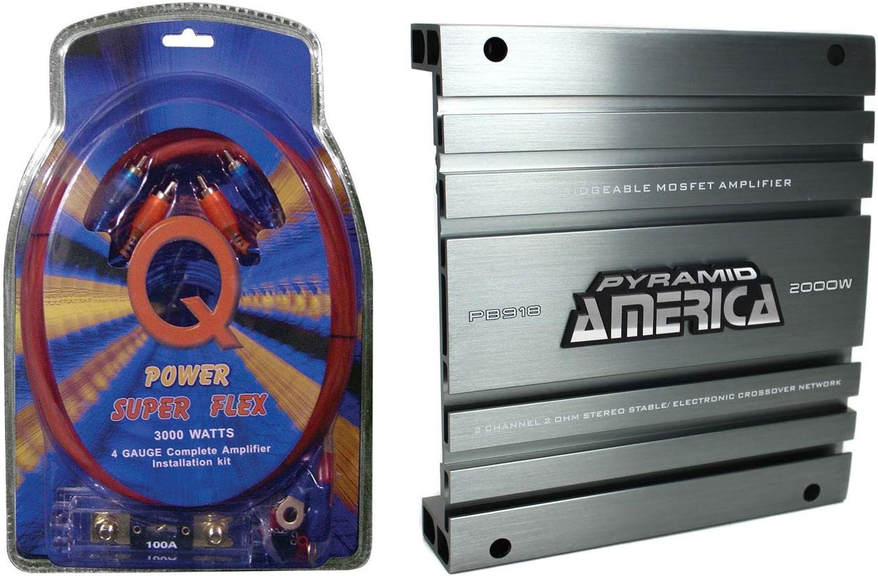 Q Power 4GAMPKIT-SFLEX Super Flex 4 Gauge 3000 Watt Amplifier Wiring Kit and Pyramid PB918 2000 Watt 2 Channel Car Audio Amplifier with Bridgeable MOSFET