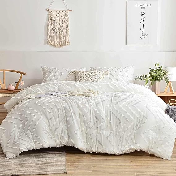 Nanko White Full Comforter Set, Tufted Jacquard Boho Soft Shabby Chic Reversible Down Alternative Microfiber Bedding - All Season Duvet and 2 Pillowcases Farmhouse Bed Sets Women Men 80 x 90 Size 3pc