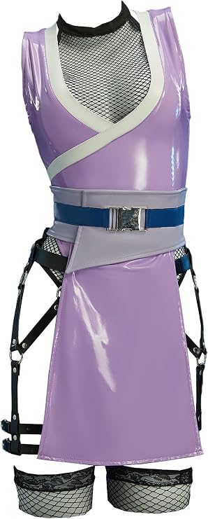 Mobbunny Women Anime Derivative Ninja Cosplay Costume PU Leather Mesh Deep V Bodysuit with Mask and Thigh Socks